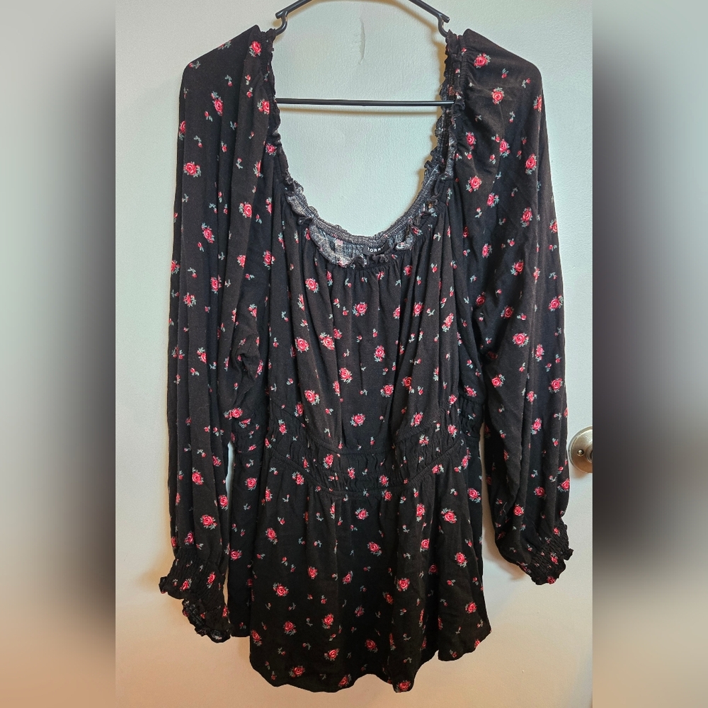 Torrid Black Floral Blouse with Red and Pink Rose Print